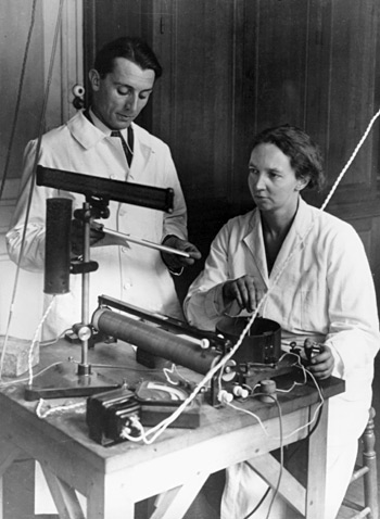 Frederic Juliot-Curie and his wife, Marie at their laboratory at the College of France. Photo courtesy the Association Curie Joliot-Curie 